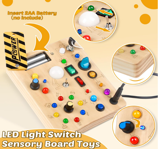 Toddler Busy Board, 19 Led Wooden Sensory Board Educational Toy, Montessori Toys for 1-6 Year Old, Travel Toys Gifts for Toddlers Boys and Girls