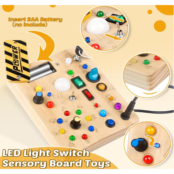 Toddler Busy Board, 19 Led Wooden Sensory Board Educational Toy, Montessori Toys for 1-6 Year Old, Travel Toys Gifts for Toddlers Boys and Girls