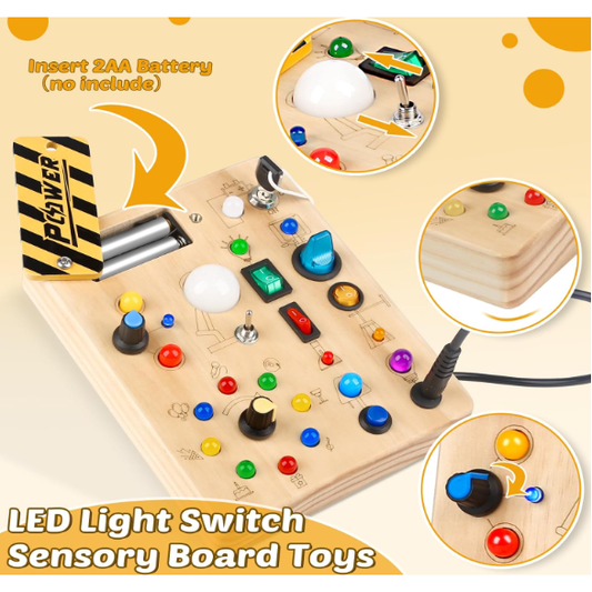 Toddler Busy Board, 19 Led Wooden Sensory Board Educational Toy, Montessori Toys for 1-6 Year Old, Travel Toys Gifts for Toddlers Boys and Girls